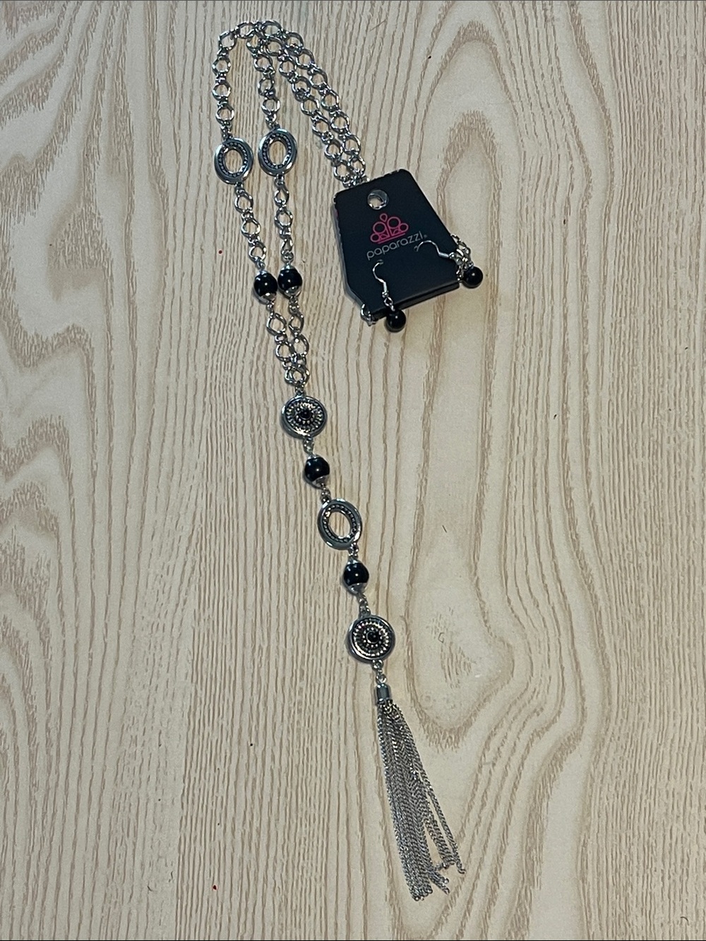 Paparazzi Silver and Black Long Tassel Lariat Necklace with Matching Earrings